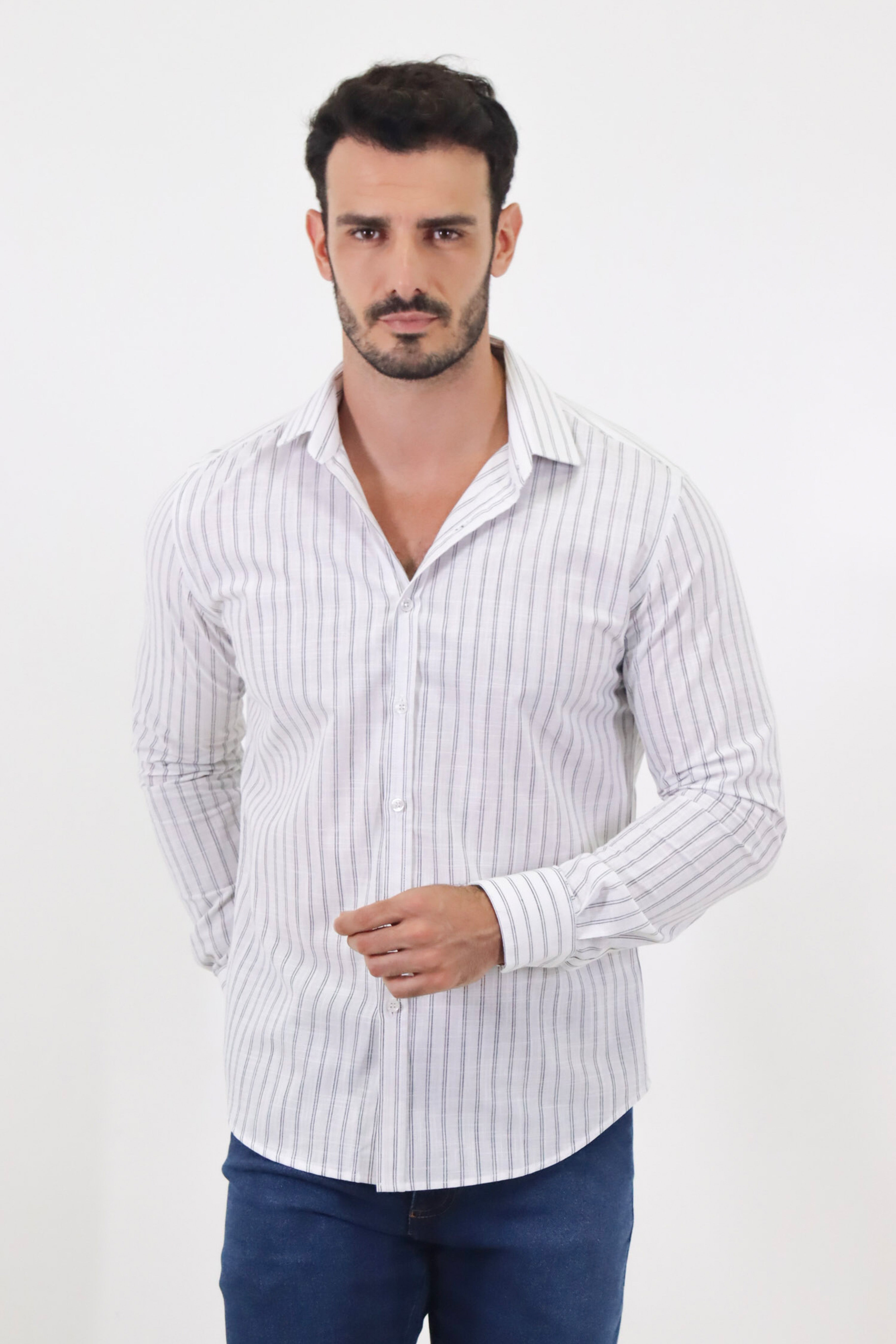 Camisa ML Slim Tech Listras Dupla