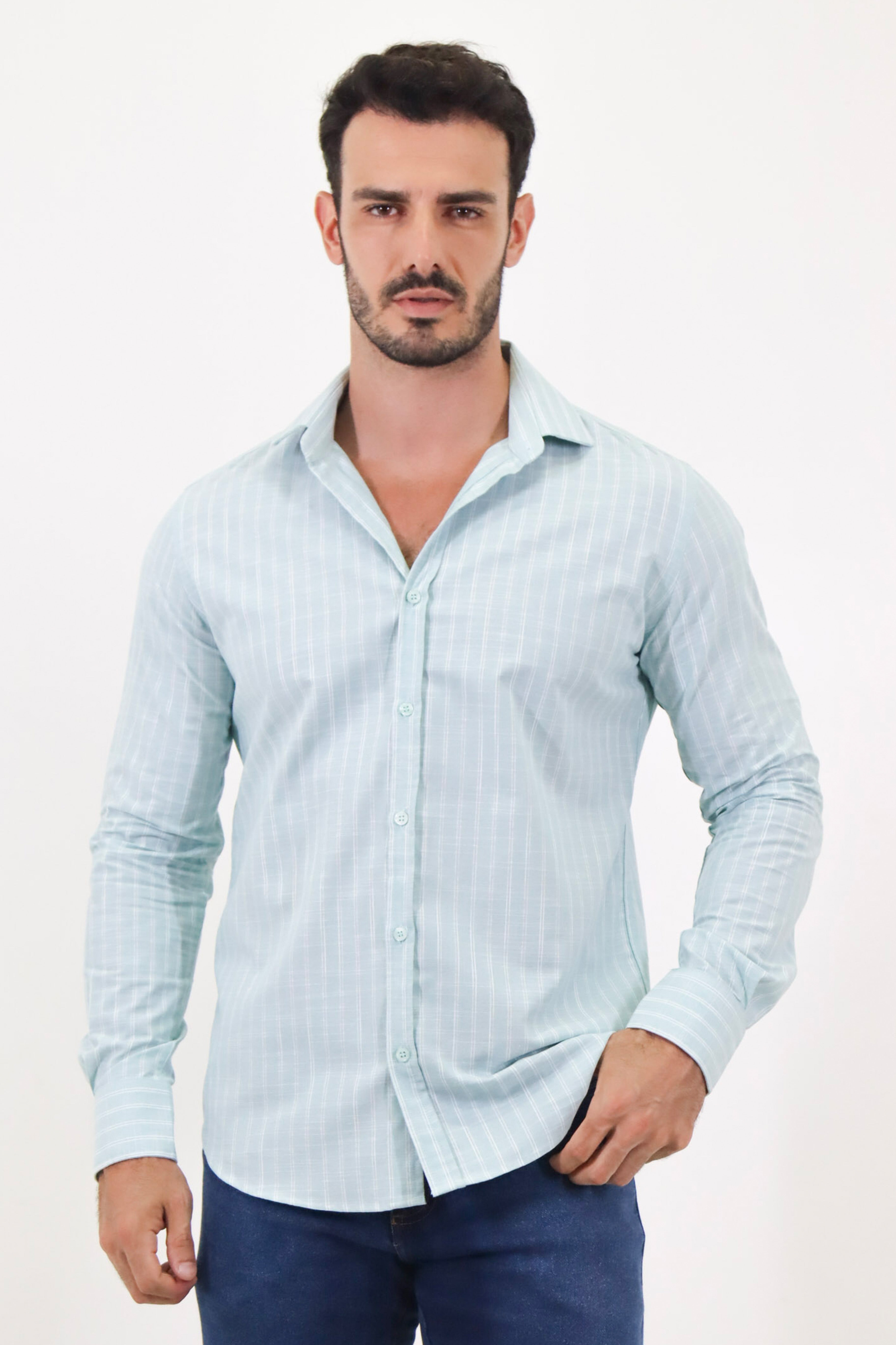 Camisa ML Slim Tech Listras Dupla
