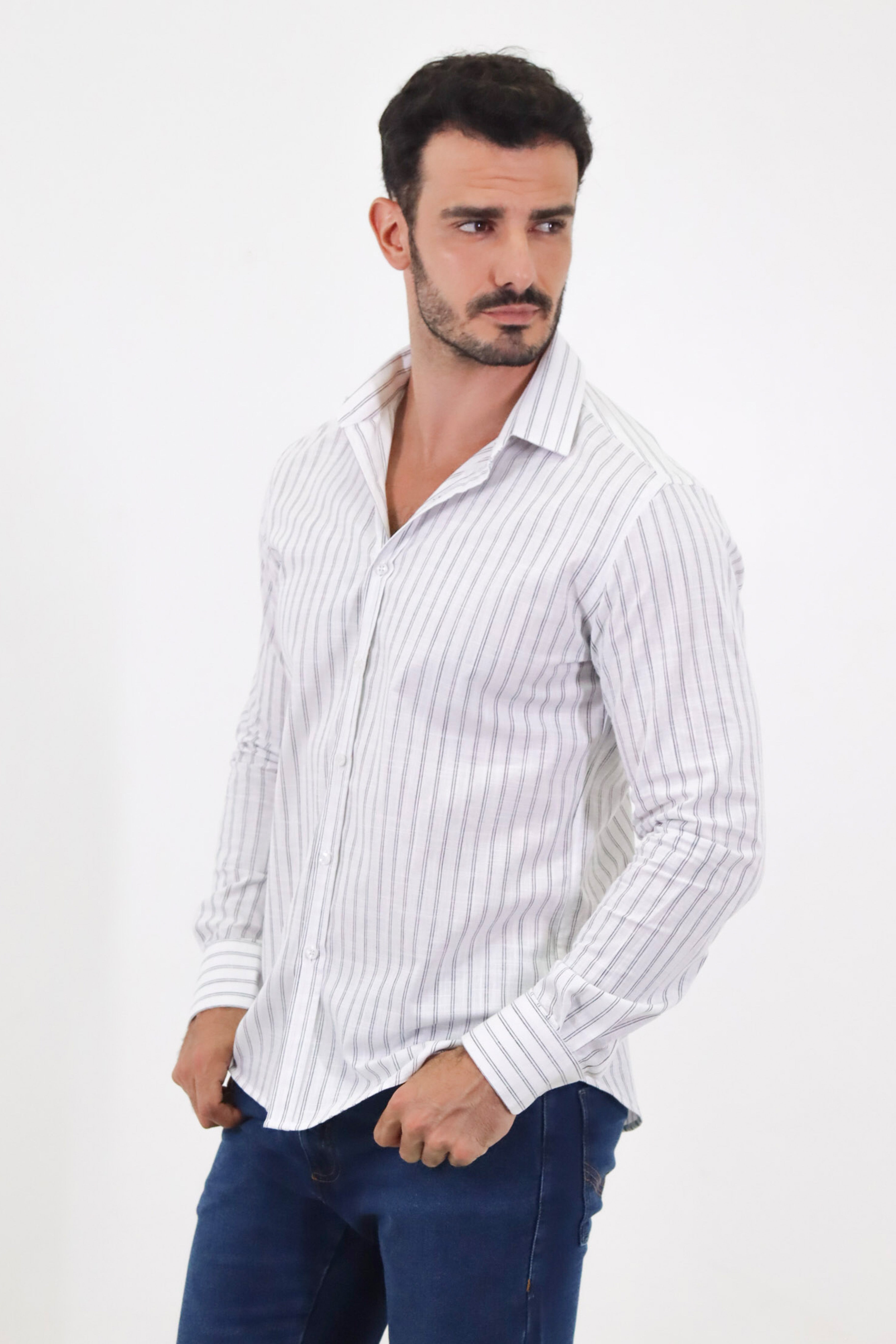 Camisa ML Slim Tech Listras Dupla